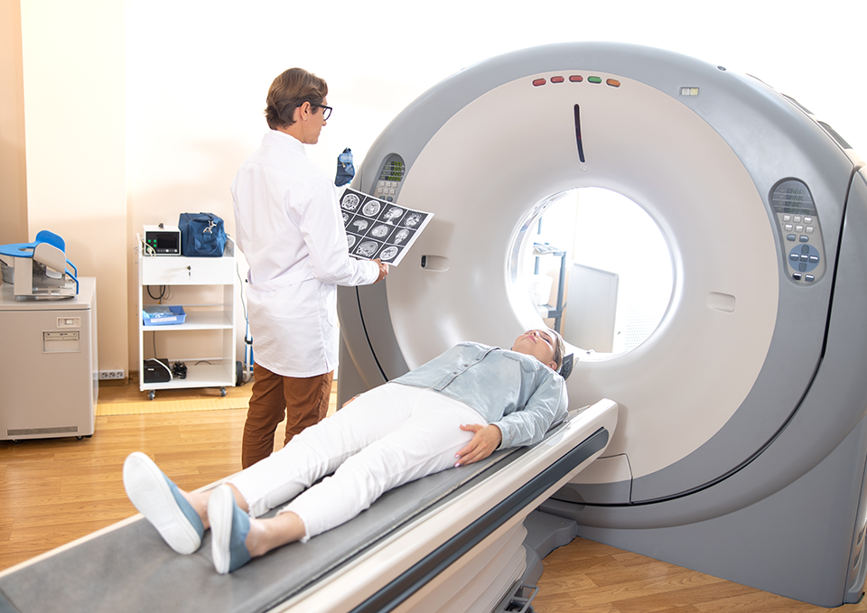 A patient getting ready to undergo CT scan