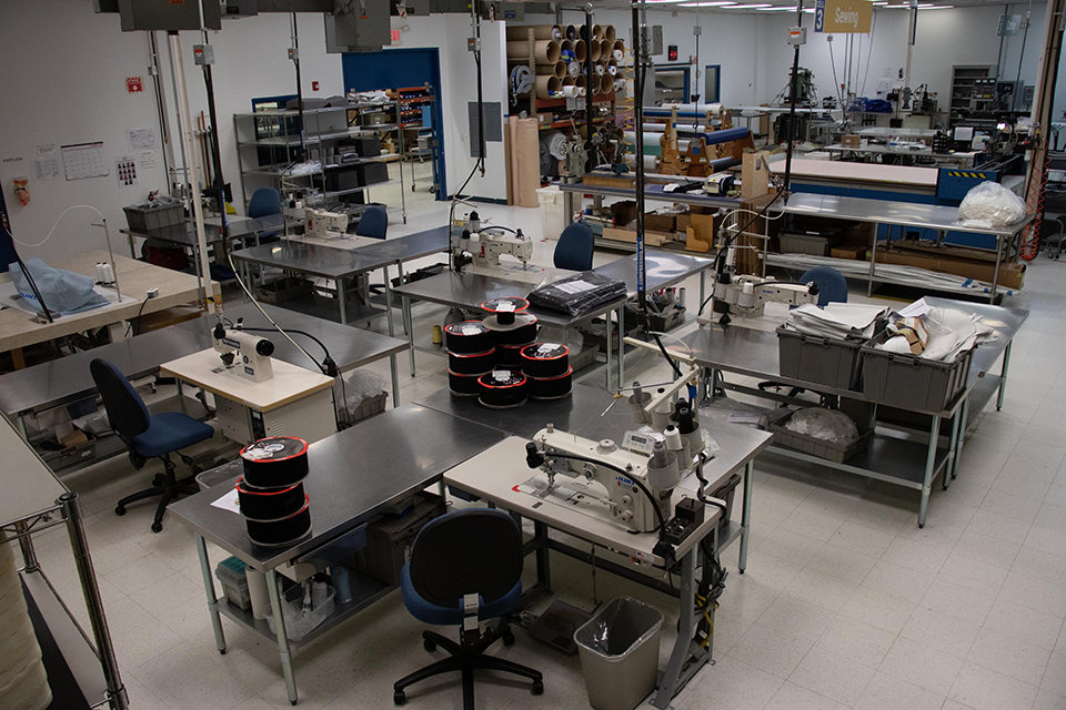A sewing room in a medical device manufacturing facility 